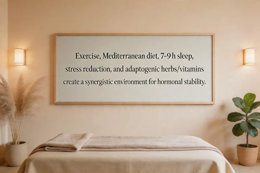Exercise, Mediterranean diet, 7‑9 h sleep, stress reduction, and adaptogenic herbs/vitamins create a synergistic environment for hormonal stability.