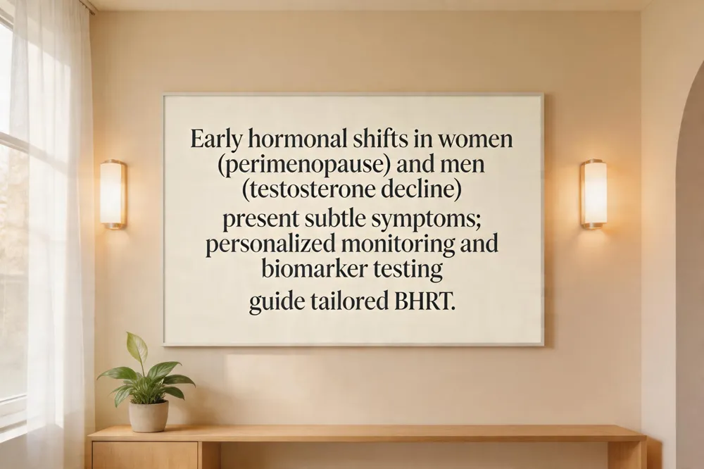 Early hormonal shifts in women (perimenopause) and men (testosterone decline) present subtle symptoms; personalized monitoring and biomarker testing guide tailored BHRT.