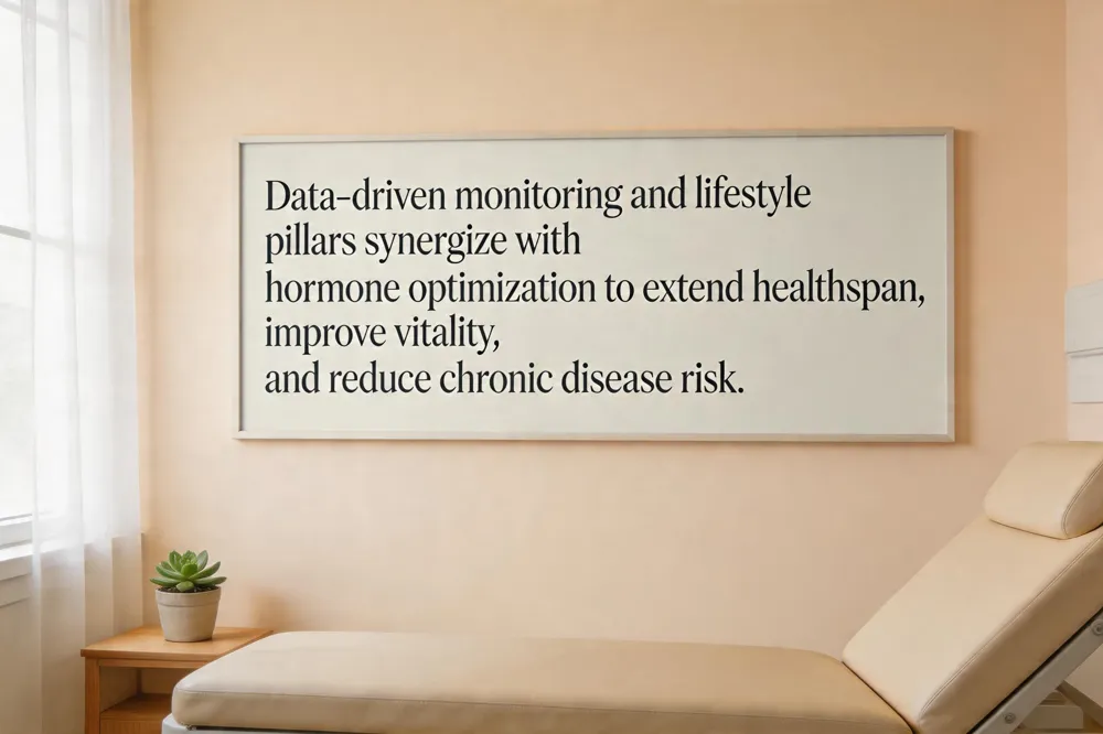Data‑driven monitoring and lifestyle pillars synergize with hormone optimization to extend healthspan, improve vitality, and reduce chronic disease risk.