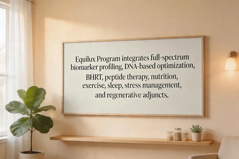 Equilux Program integrates full‑spectrum biomarker profiling, DNA‑based optimization, BHRT, peptide therapy, nutrition, exercise, sleep, stress management, and regenerative adjuncts.