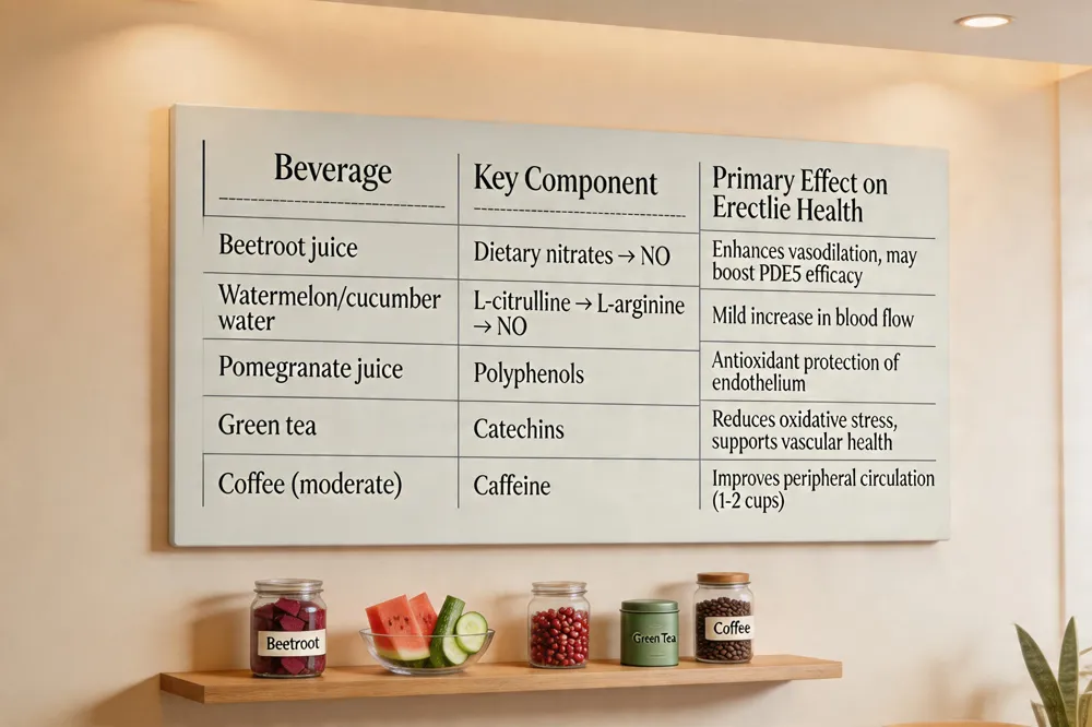 | Beverage | Key Component | Primary Effect on Erectile Health |
|----------|---------------|-----------------------------------|
| Beetroot juice | Dietary nitrates → NO | Enhances vasodilation, may boost PDE5 efficacy |
| Watermelon/cucumber water | L‑citrulline → L‑arginine → NO | Mild increase in blood flow |
| Pomegranate juice | Polyphenols | Antioxidant protection of endothelium |
| Green tea | Catechins | Reduces oxidative stress, supports vascular health |
| Coffee (moderate) | Caffeine | Improves peripheral circulation (1‑2 cups) |