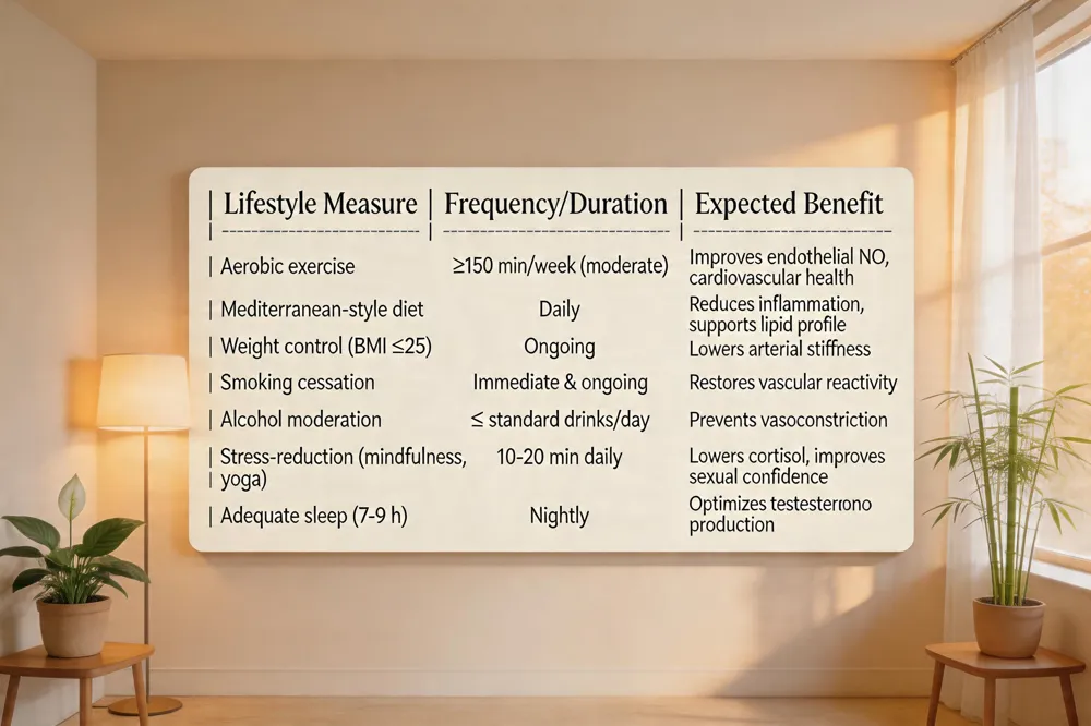 | Lifestyle Measure | Frequency/Duration | Expected Benefit |
|-------------------|--------------------|------------------|
| Aerobic exercise | ≥150 min/week (moderate) | Improves endothelial NO, cardiovascular health |
| Mediterranean‑style diet | Daily | Reduces inflammation, supports lipid profile |
| Weight control (BMI ≤ 25) | Ongoing | Lowers arterial stiffness |
| Smoking cessation | Immediate & ongoing | Restores vascular reactivity |
| Alcohol moderation | ≤2 standard drinks/day | Prevents vasoconstriction |
| Stress‑reduction (mindfulness, yoga) | 10‑20 min daily | Lowers cortisol, improves sexual confidence |
| Adequate sleep (7‑9 h) | Nightly | Optimizes testosterone production |