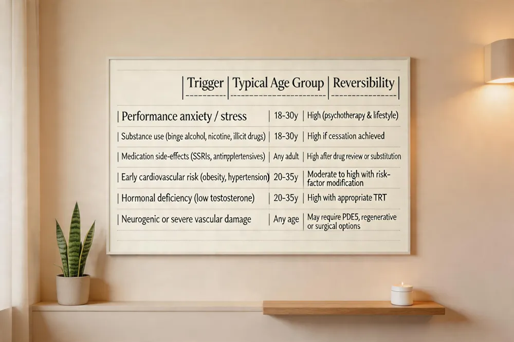 | Trigger | Typical Age Group | Reversibility |
|---------|-------------------|--------------|
| Performance anxiety / stress | 18‑30 y | High (psychotherapy & lifestyle) |
| Substance use (binge alcohol, nicotine, illicit drugs) | 18‑30 y | High if cessation achieved |
| Medication side‑effects (SSRIs, antihypertensives) | Any adult | High after drug review or substitution |
| Early cardiovascular risk (obesity, hypertension) | 20‑35 y | Moderate to high with risk‑factor modification |
| Hormonal deficiency (low testosterone) | 20‑35 y | High with appropriate TRT |
| Neurogenic or severe vascular damage | Any age | May require PDE5, regenerative or surgical options |