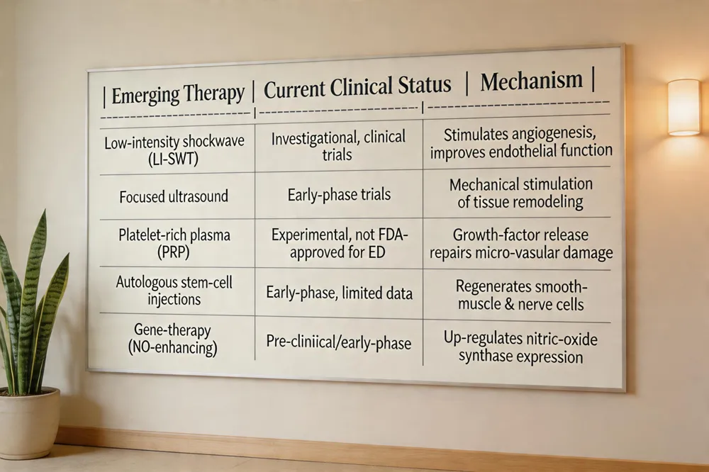 | Emerging Therapy | Current Clinical Status | Mechanism |
|------------------|------------------------|-----------|
| Low‑intensity shockwave (LI‑SWT) | Investigational, used in clinical trials | Stimulates angiogenesis, improves endothelial function |
| Focused ultrasound | Early‑phase trials | Mechanical stimulation of tissue remodeling |
| Platelet‑rich plasma (PRP) | Experimental, not FDA‑approved for ED | Growth‑factor release repairs micro‑vascular damage |
| Autologous stem‑cell injections | Early‑phase, limited data | Regenerates smooth‑muscle & nerve cells |
| Gene‑therapy (NO‑enhancing) | Pre‑clinical/early‑phase | Up‑regulates nitric‑oxide synthase expression |