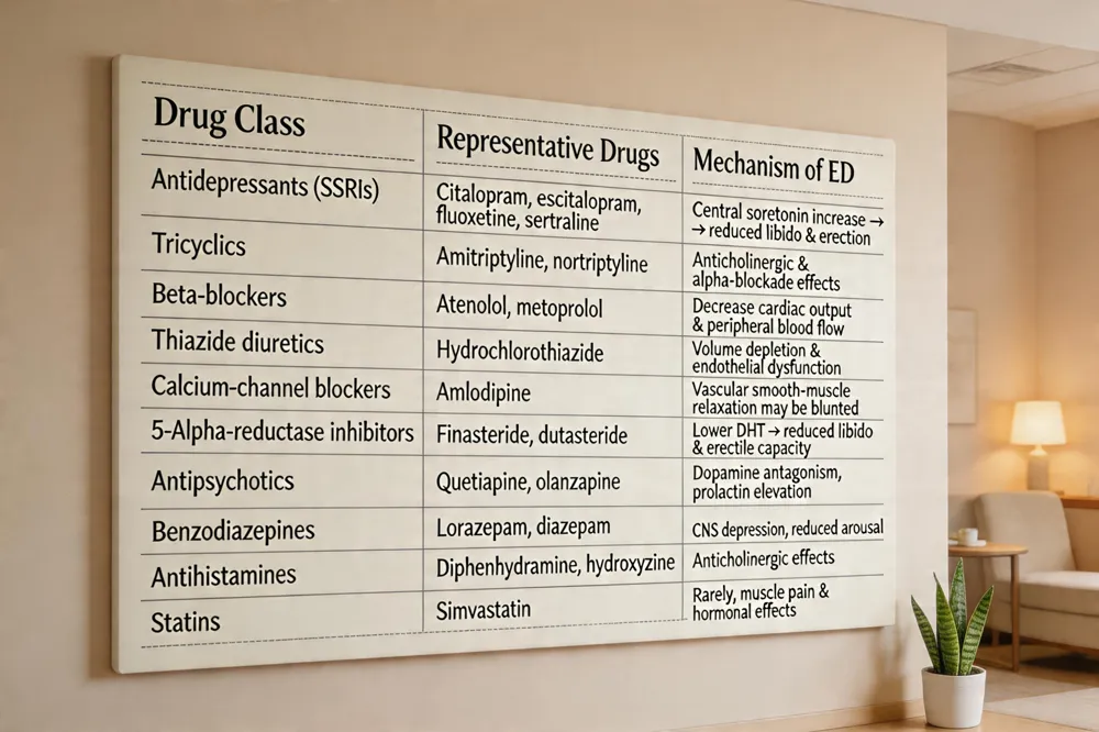 | Drug Class | Representative Drugs | Mechanism of ED |
|------------|----------------------|-----------------|
| Antidepressants (SSRIs) | Citalopram, escitalopram, fluoxetine, sertraline | Central serotonin increase → reduced libido & erection |
| Tricyclics | Amitriptyline, nortriptyline | Anticholinergic & alpha‑blockade effects |
| Beta‑blockers | Atenolol, metoprolol | Decrease cardiac output & peripheral blood flow |
| Thiazide diuretics | Hydrochlorothiazide | Volume depletion & endothelial dysfunction |
| Calcium‑channel blockers | Amlodipine | Vascular smooth‑muscle relaxation may be blunted |
| 5‑Alpha‑reductase inhibitors | Finasteride, dutasteride | Lower DHT → reduced libido & erectile capacity |
| Antipsychotics | Quetiapine, olanzapine | Dopamine antagonism, prolactin elevation |
| Benzodiazepines | Lorazepam, diazepam | CNS depression, reduced sexual arousal |
| Antihistamines | Diphenhydramine, hydroxyzine | Anticholinergic effects |
| Statins | Simvastatin | Rarely, muscle pain & hormonal effects |
