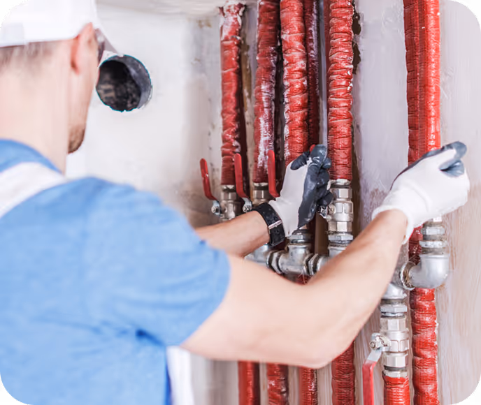 Ein Handwerker in blauer Kleidung und weißen Handschuhen überprüft rote isolierte Heizungsrohre an einer Wand.