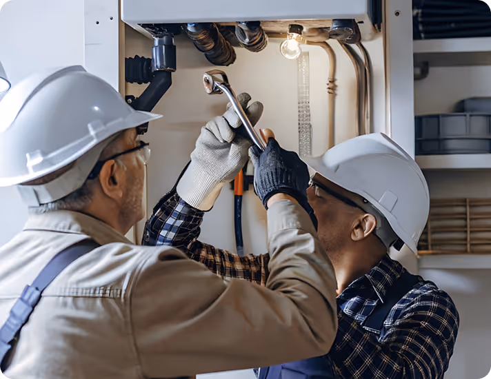 Zwei Handwerker mit Schutzhelmen reparieren Rohre in einem Gehäuse.