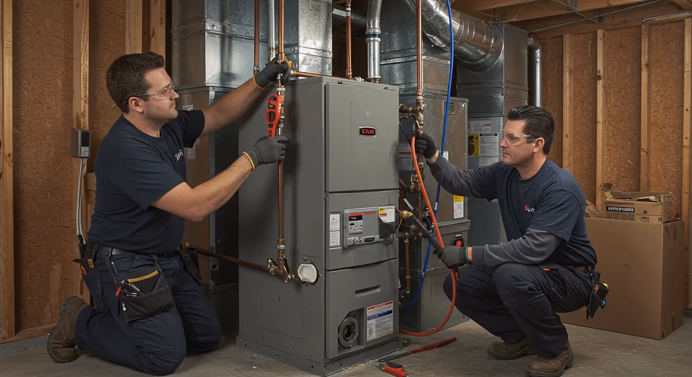 Two HVAC technicians working together installing copper and gas lines onto a new furnace unit