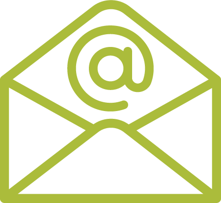 Green outlined envelope icon with an '@' symbol inside, representing email.