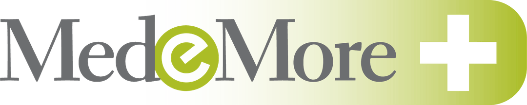 MedeMore logo with gray text and a green circle around letter e followed by a green rounded rectangle with a white medical cross.