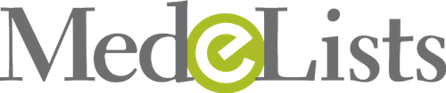 MedeLists logo with a stylized lowercase 'e' inside a green circle.