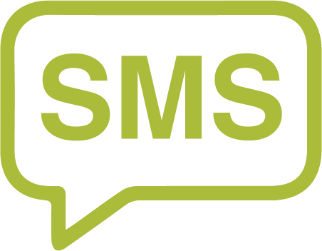 Green speech bubble icon with the letters SMS inside.