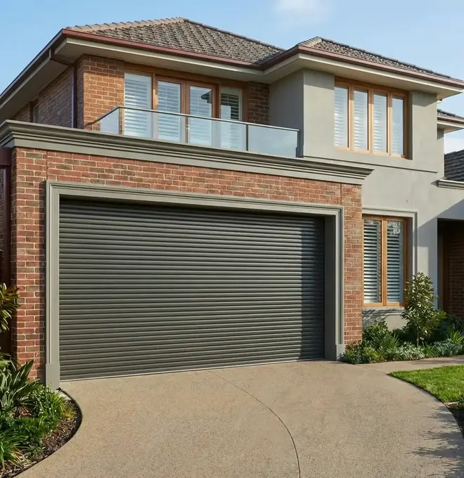 Closed white roller shutter door with shadows cast on it and tiled floor in front.
