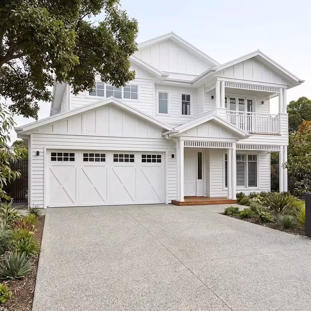 Modern dark gray garage door with four rectangular windows near the top, framed by a light-colored exterior wall.