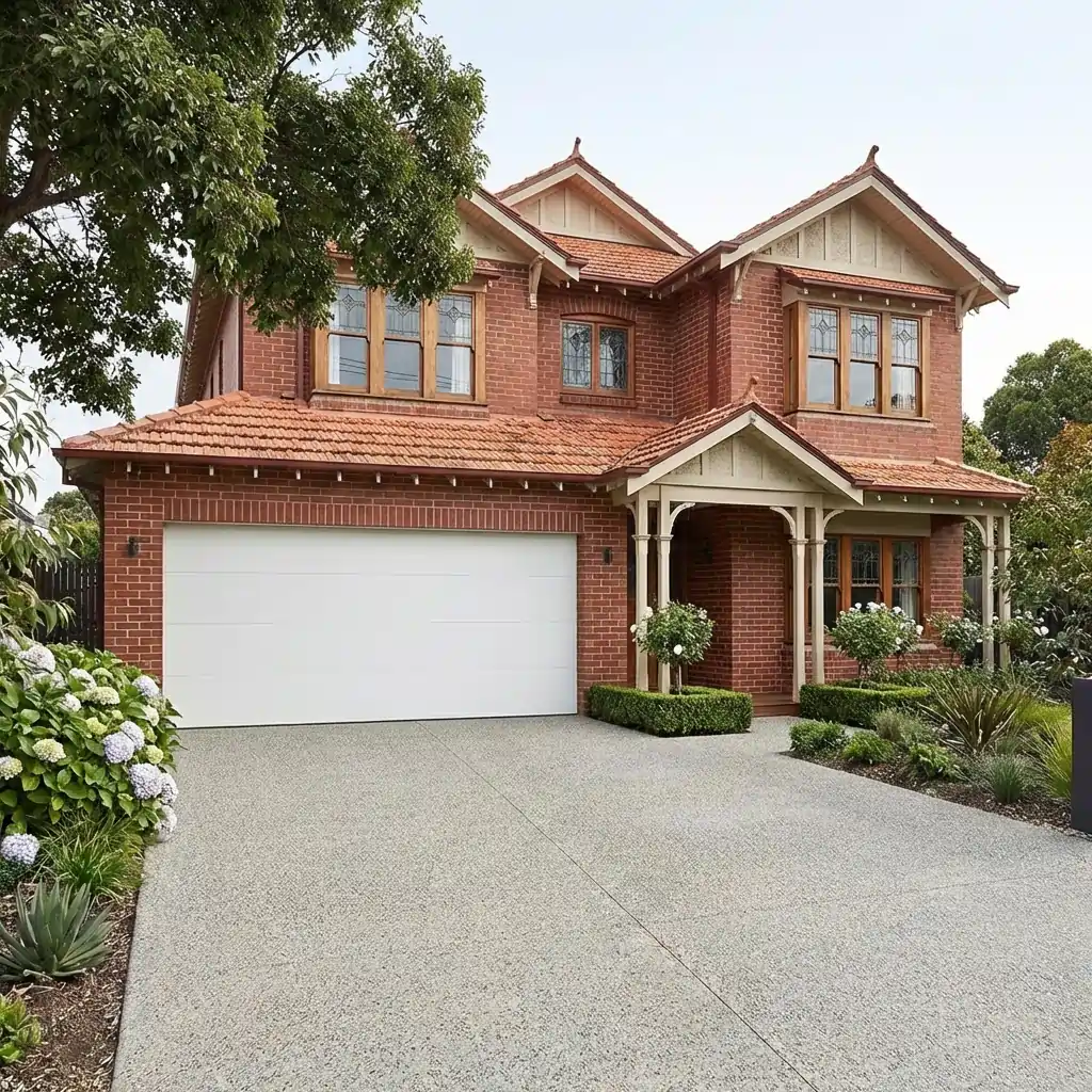 Modern garage door with black frame and wooden panels on a white house facade.
