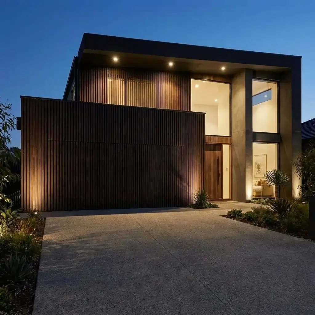 Closed dark gray roll-up garage door on a brick house with tiled roof and hanging planters on each side.