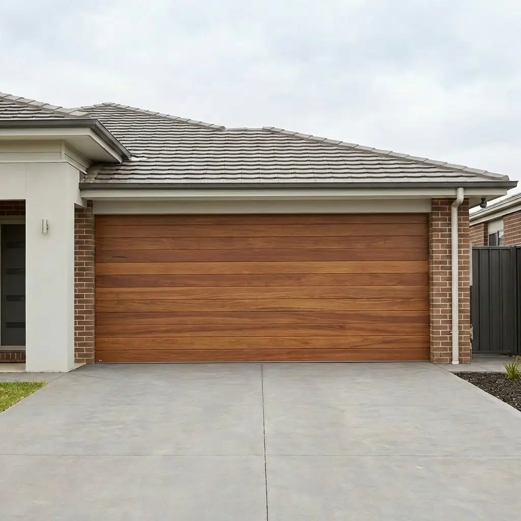 Modern black garage door with frosted glass panels on the left and wood-accented glass panels on the right, surrounded by stone and black panel exterior.