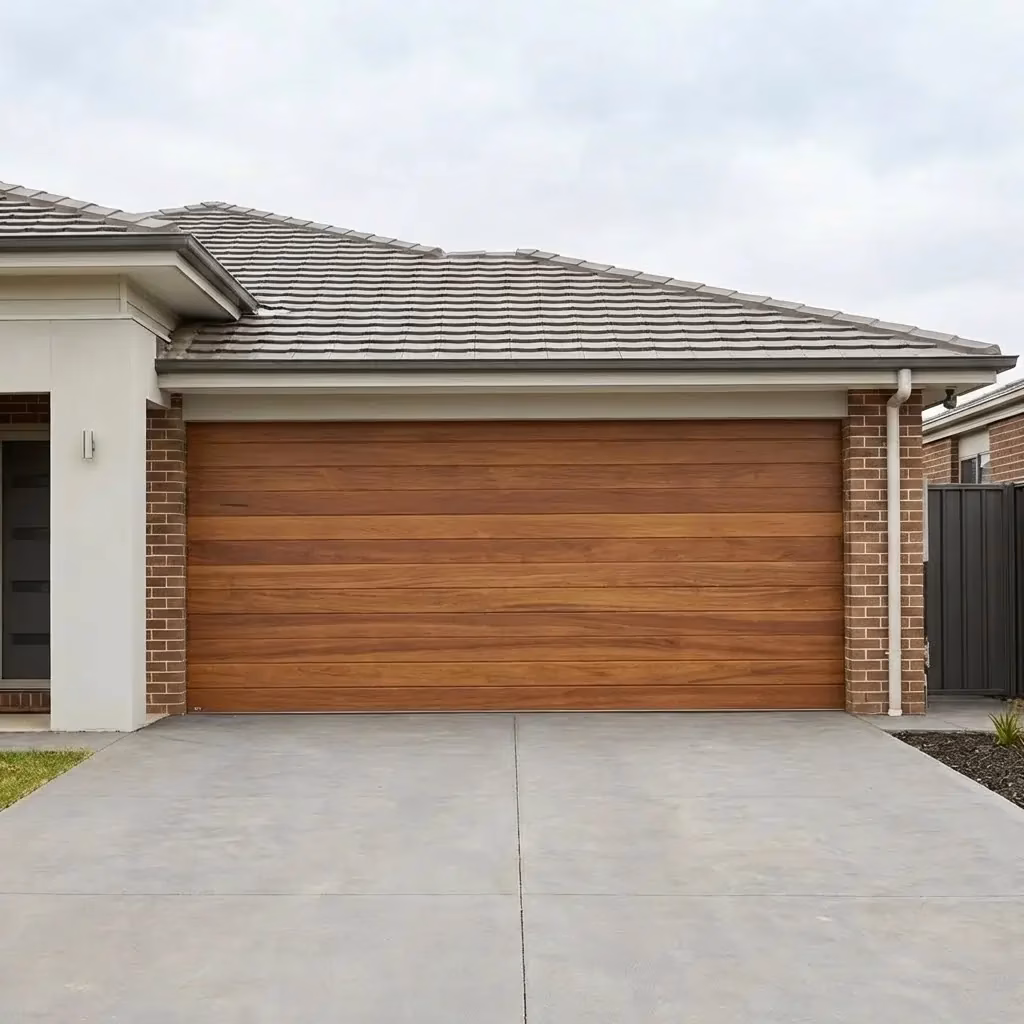 Modern black garage door with frosted glass panels on the left and wood-accented glass panels on the right, surrounded by stone and black panel exterior.