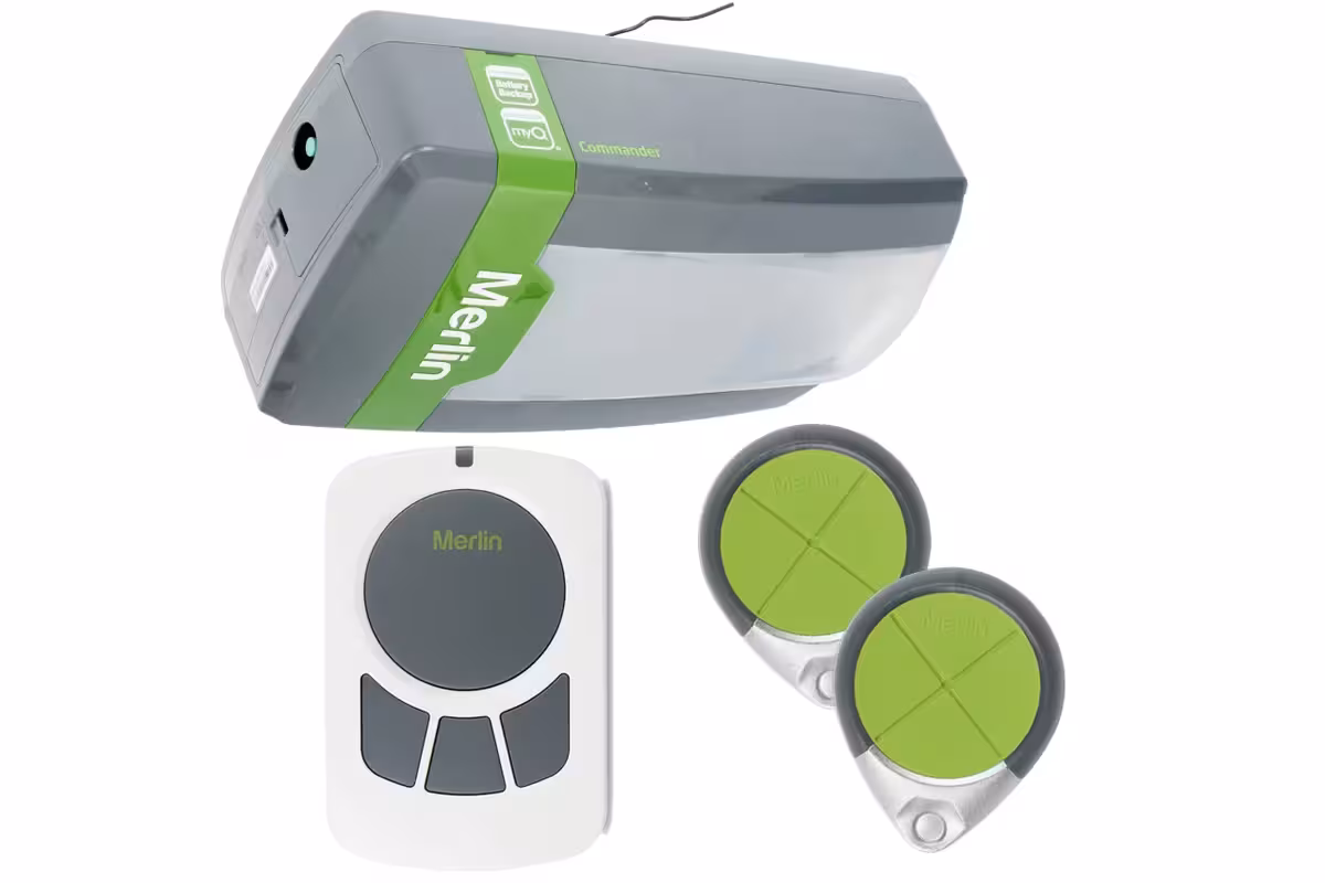 Modern smart door lock system with a wall-mounted unit and a sleek handheld remote on a round base, showing an active connection.