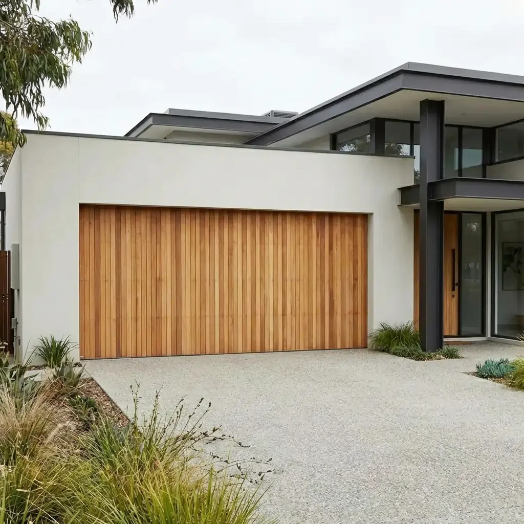 Modern house exterior with a closed timber garage door and white walls.