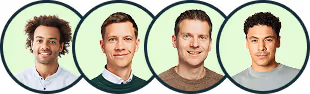 Portraits of four men with diverse hairstyles and casual clothing against a light green circular background.
