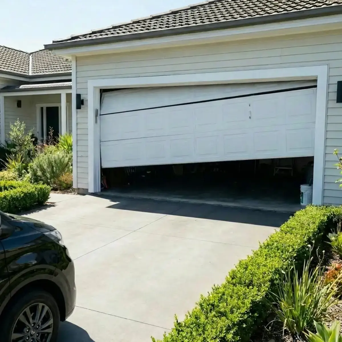 Two Maverick team members in grey uniforms with yellow stripes carrying toolboxes walking on a sidewalk towards a house at sunset.