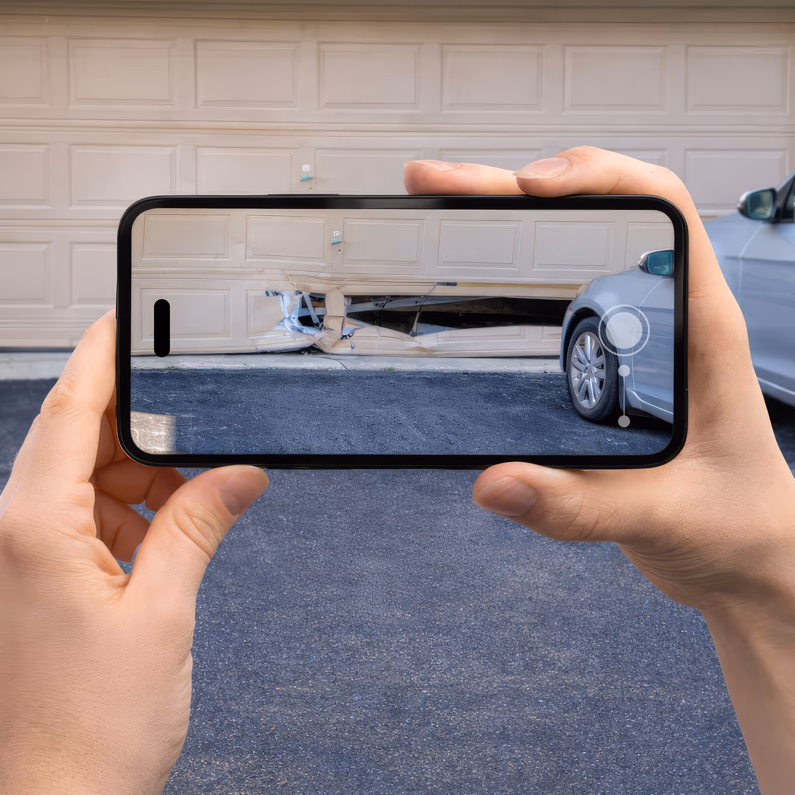 Hand holding smartphone showing close-up of a dented and damaged beige garage door next to a parked silver car on asphalt driveway.