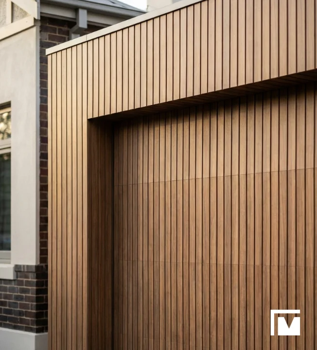 Modern house in Canterbury with garage exterior featuring vertical wooden slats covering a garage door adjacent to a brick and white-framed window wall.