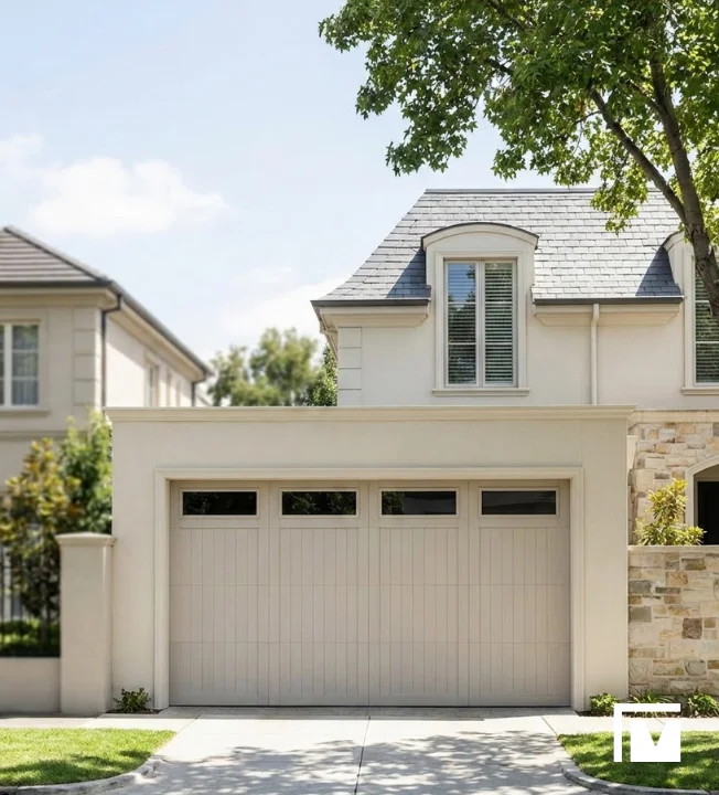 Modern house in Essendon with beige garage door with four small windows, attached to a house with a grey slate roof and a tree casting shadows.