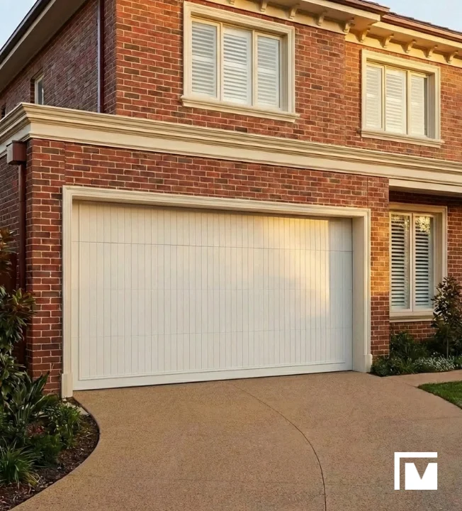 Brick house front in kew with a closed white garage door and windows with white shutters.