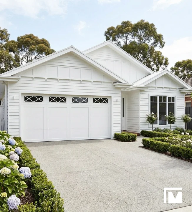 Modern single-story white house in Hawthorn East with a double garage door and landscaped garden with bushes and flowers.