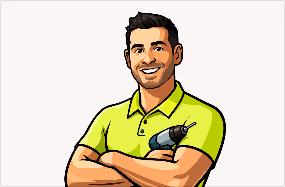 Illustration of Maverick's mascot smiling man with folded arms holding a cordless drill, wearing a bright yellow-green polo shirt.