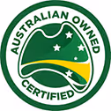 Round green logo with outline of Australia and Southern Cross stars, reading 'Australian Owned Certified'.