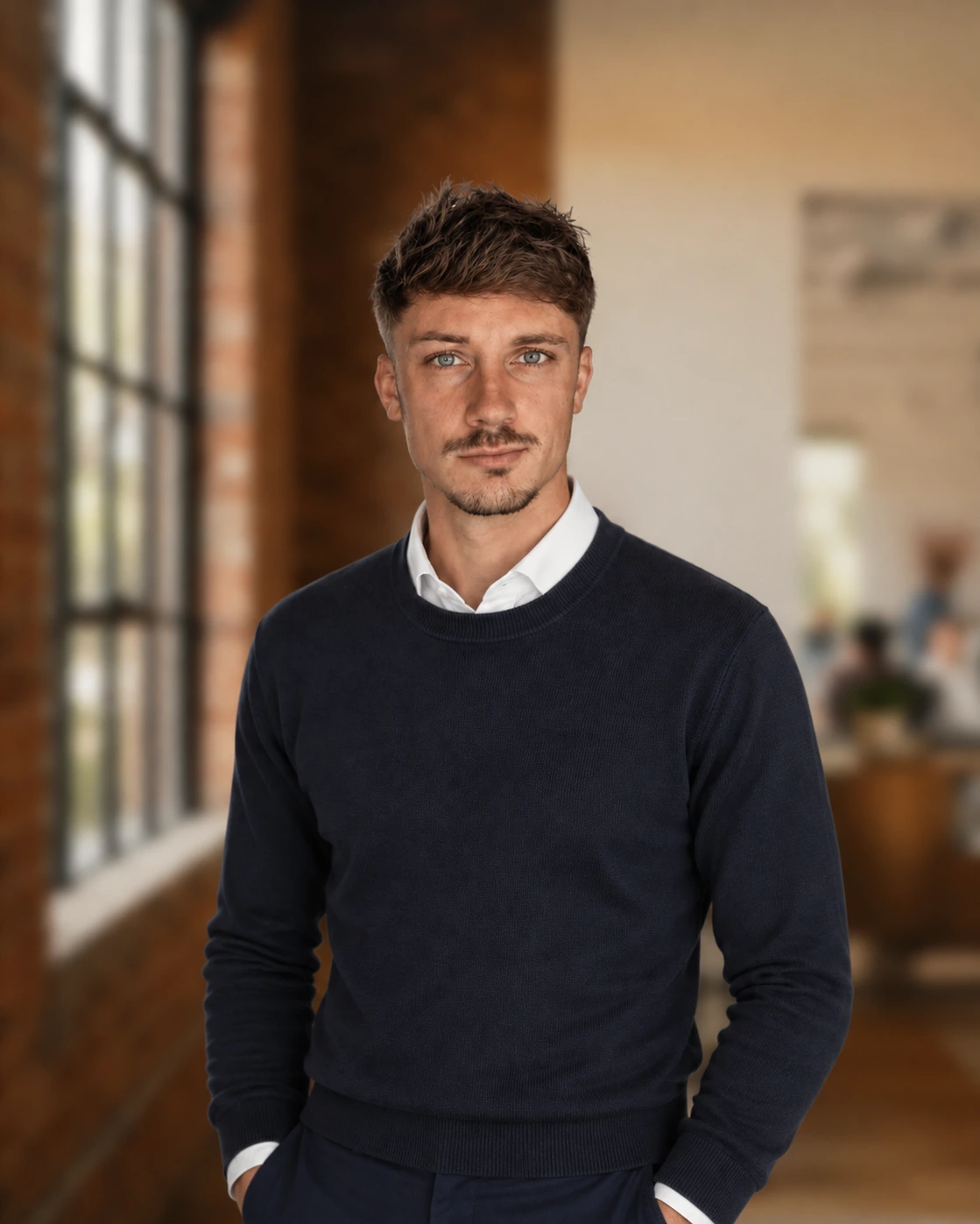 Un homme aux cheveux bruns courts et yeux bleus, portant un pull bleu marine et une chemise blanche, pose dans un intérieur moderne avec un mur en brique et une grande fenêtre sur la gauche.