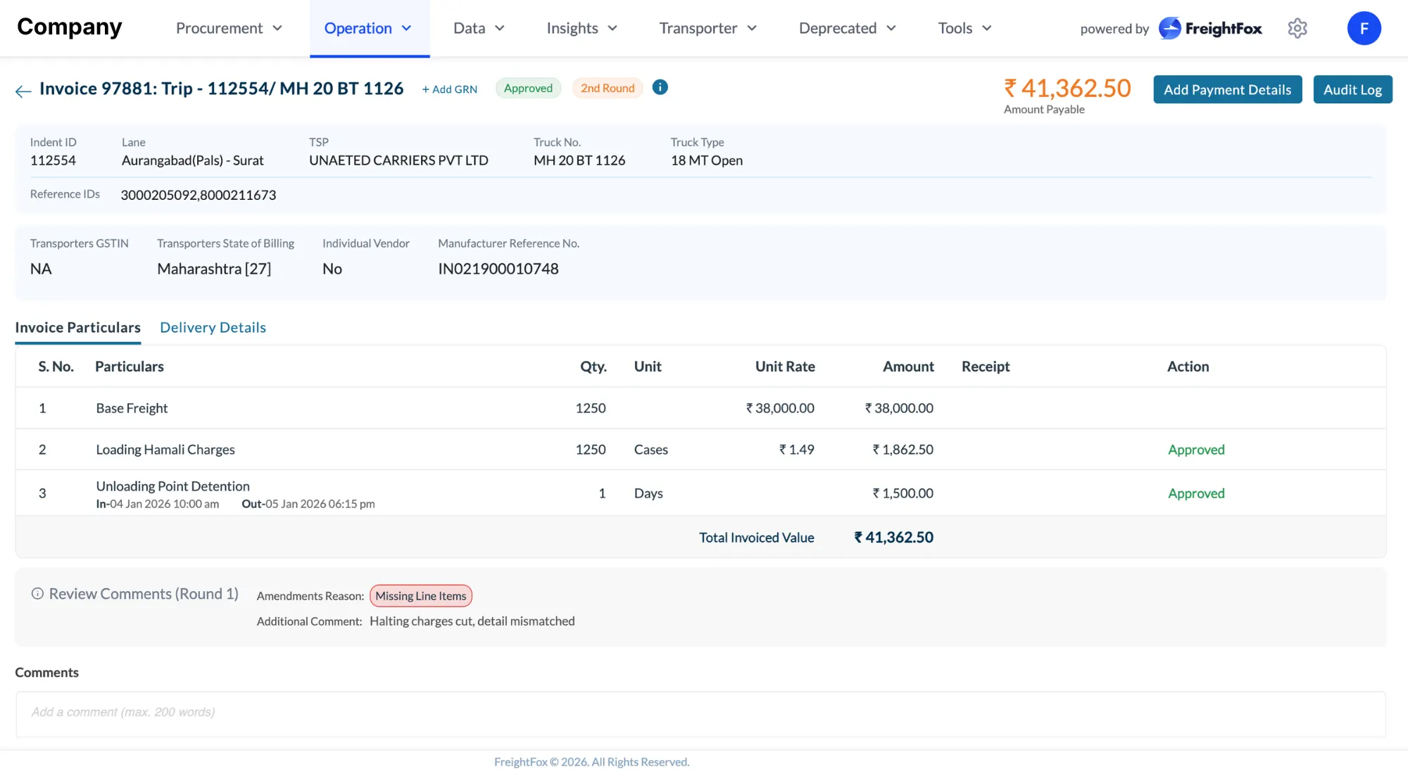 Automate freight invoicing, reconciliation, and payments with FreightFox. 100% invoice validation accuracy, faster payment cycles, and seamless ERP sync.