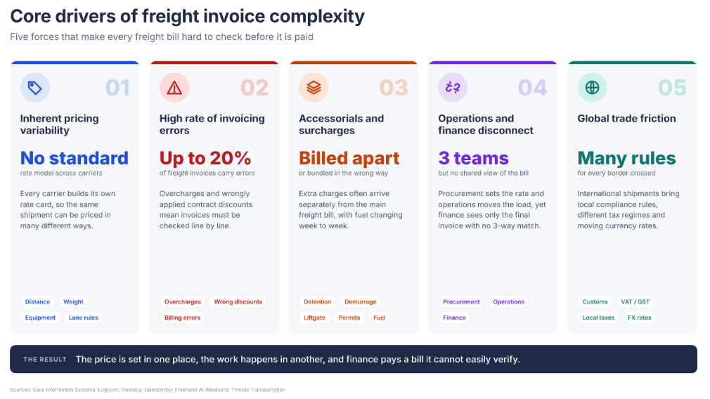 Five core drivers of freight invoice complexity: pricing variability, invoicing errors, accessorials, ops and finance disconnect, and global trade friction