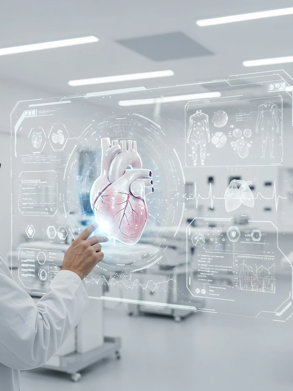 Mediziner berührt 3D holografisches Bild eines menschlichen Herzens mit medizinischen Daten in einem modernen Labor.