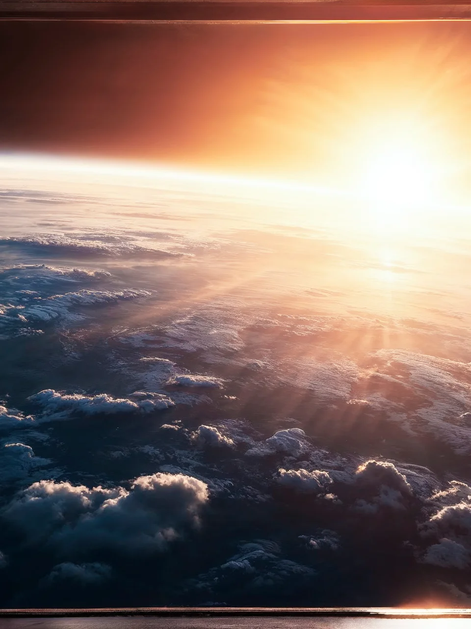 Blick aus einem Flugzeugfenster auf Wolken unter leuchtender, untergehender Sonne.