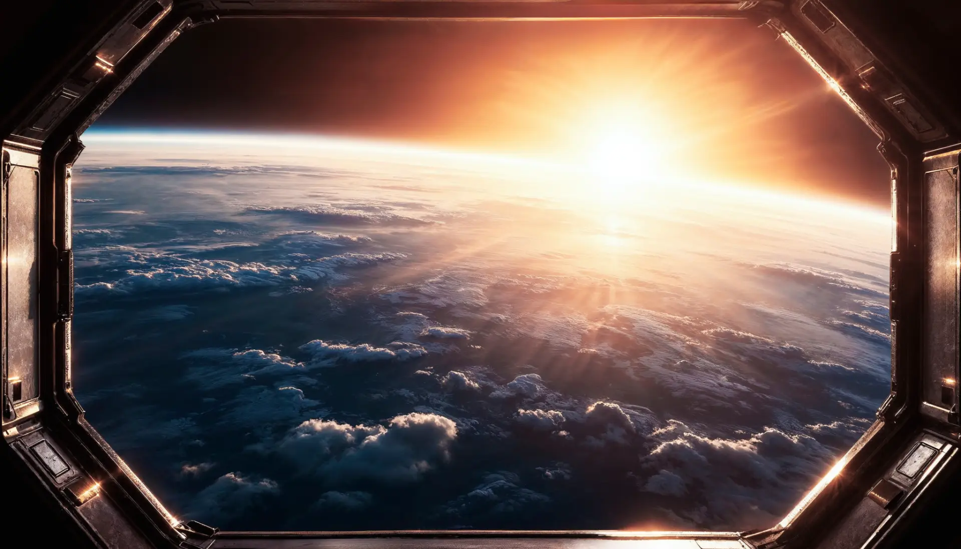 Sonnenaufgang über der Erde mit Wolken, gesehen durch ein Raumfahrzeugfenster.