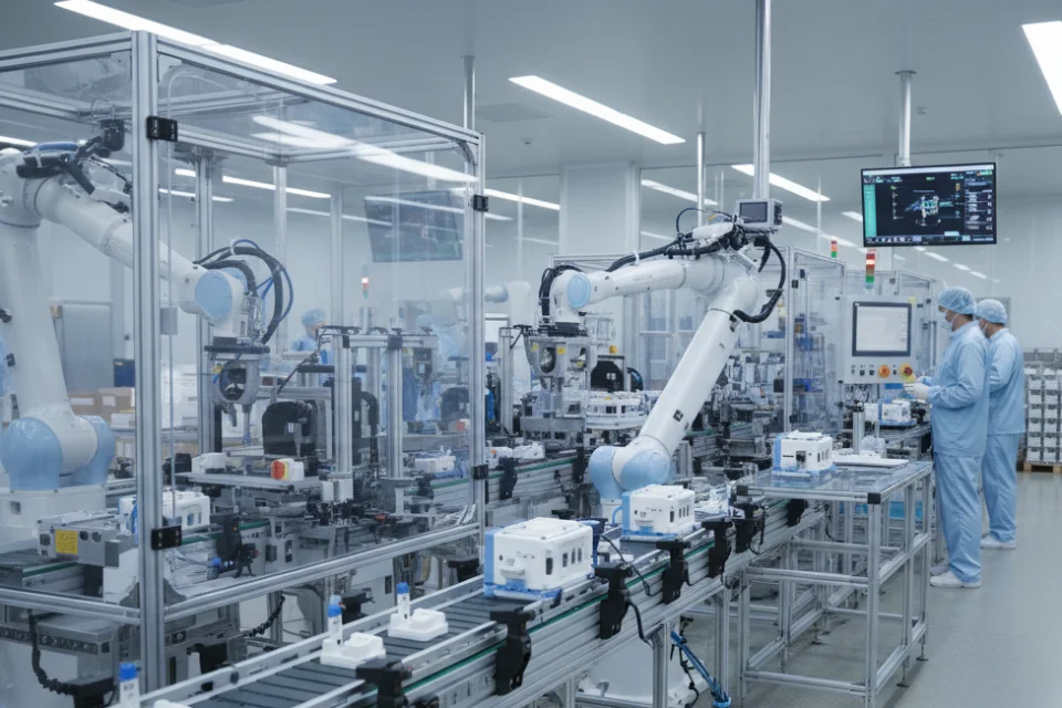 Moderne Produktionslinie mit Industrierobotern und Mitarbeitern in Schutzkleidung in einer sauberen Fabrikumgebung.