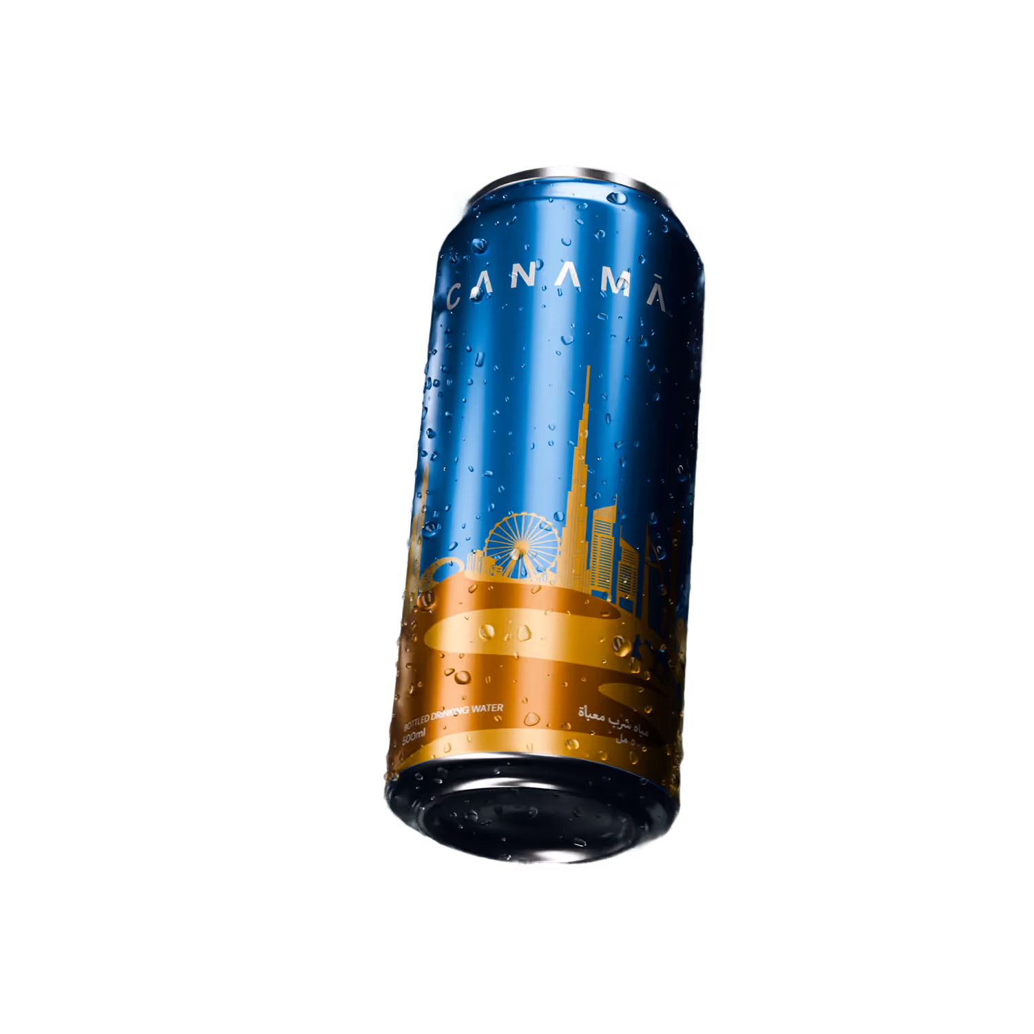 Blue and gold can of CANAMA bottled drinking water with water droplets and a city skyline design.
