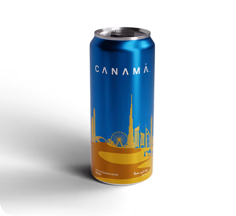 Blue Canama water can with golden city skyline and desert camel design, 500ml bottled drinking water.