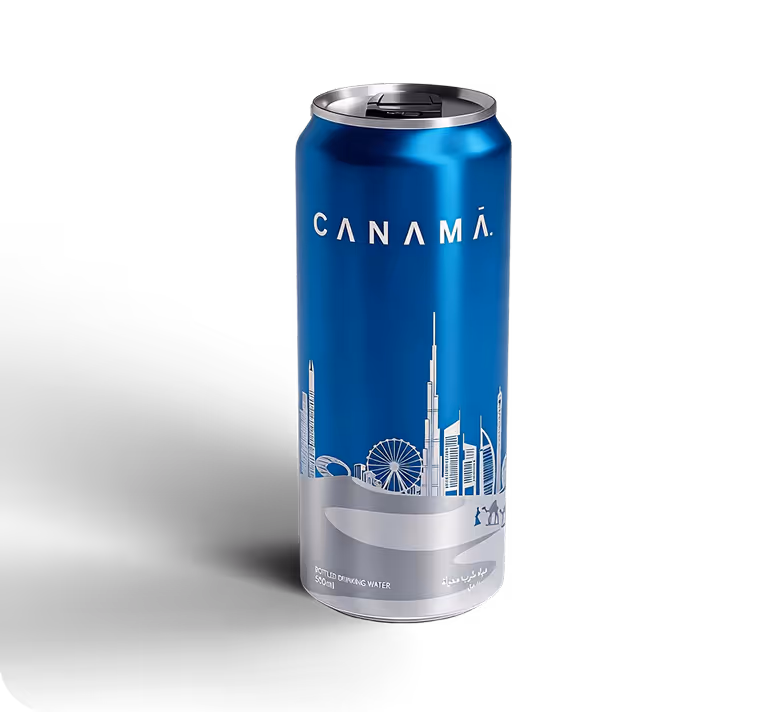 Blue and silver CANAMA canned water with white city skyline and camel silhouettes on the label.