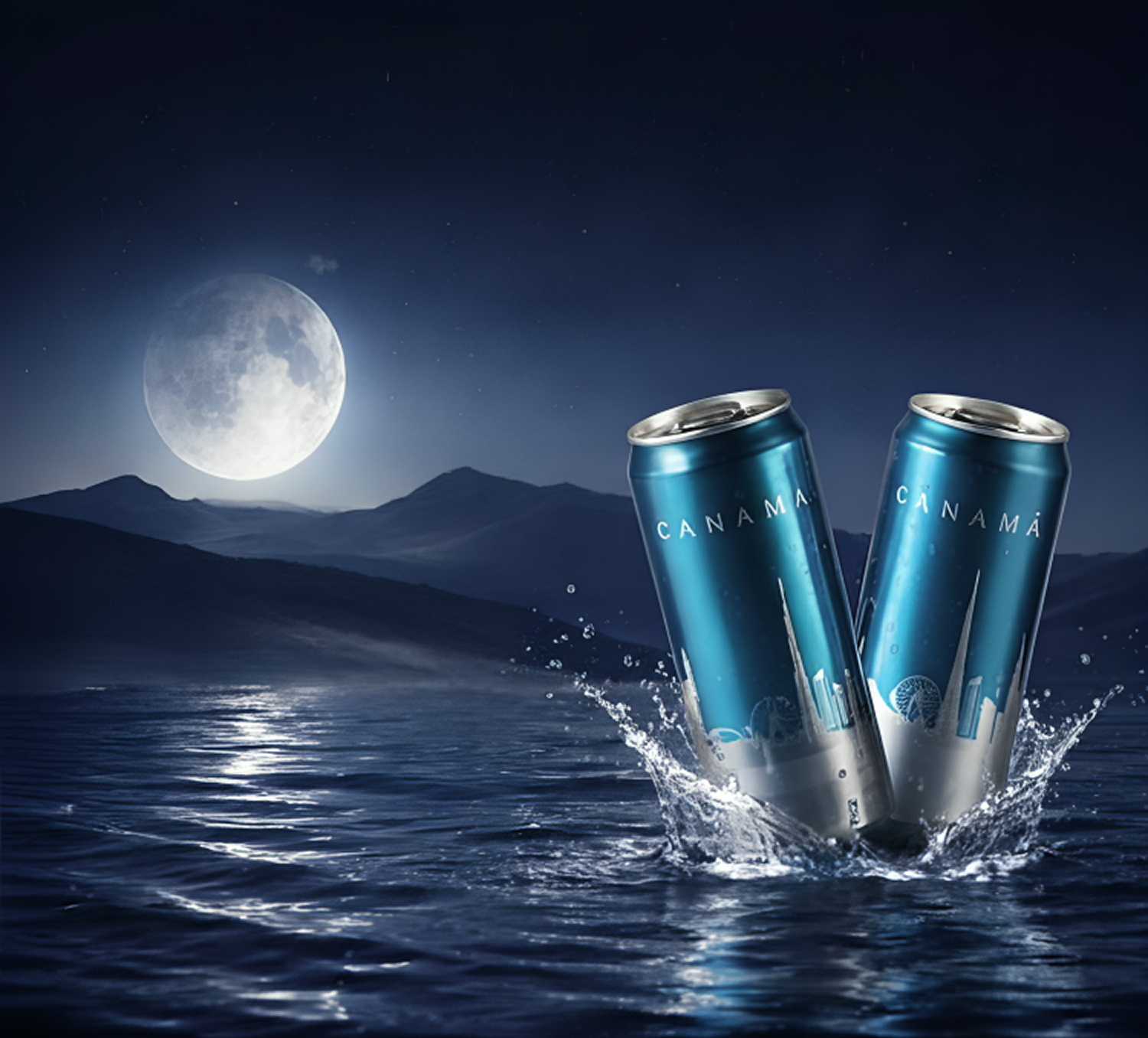 Two blue cans splashing into water at night with a full moon and mountain silhouette in the background.
