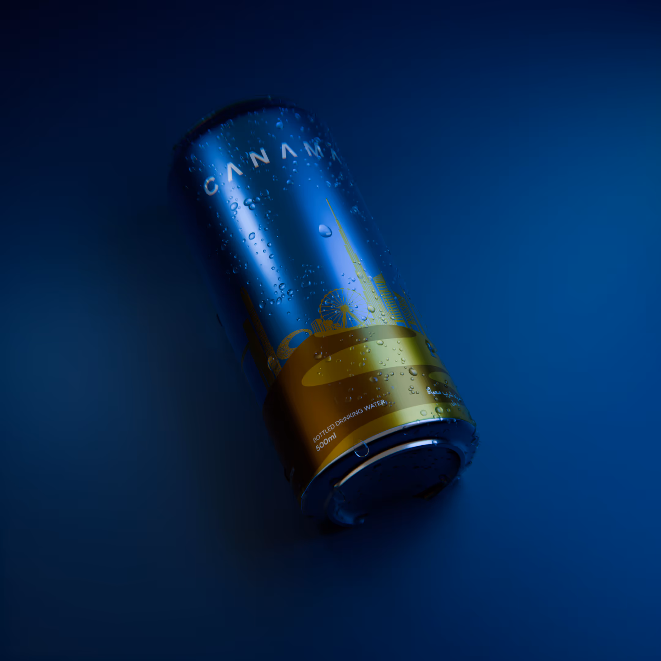 Two blue CANAMA branded beverage cans with a golden city skyline design, set against a dark blue background with water droplets.