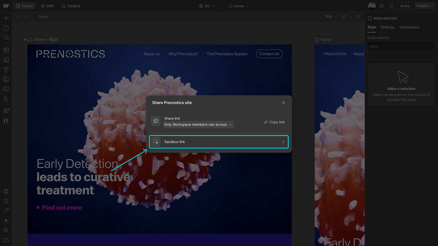Webflow sharing menu with the Sandbox link option highlighted beneath Share link.