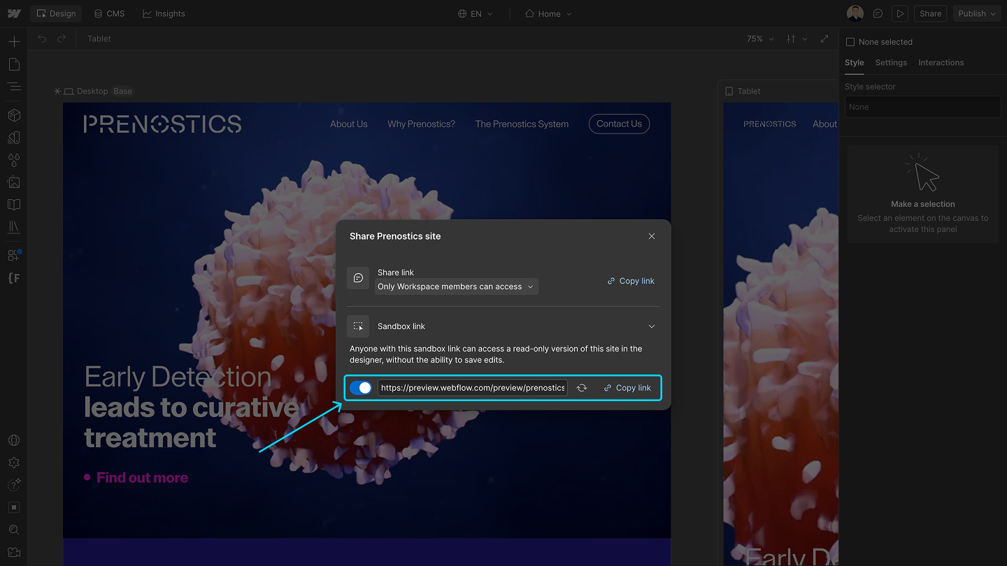 Webflow Sandbox link panel with the enabled toggle, regenerate icon and Copy link button highlighted.