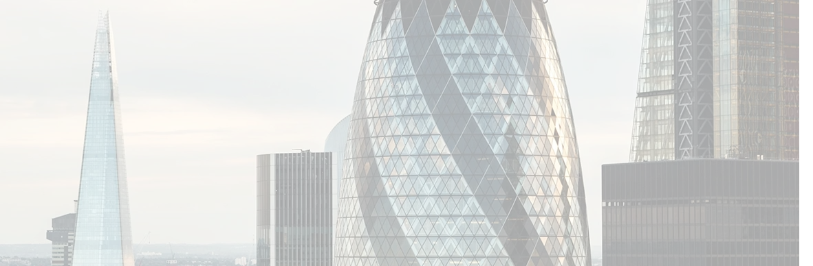 Close-up view of modern skyscrapers in London including the Gherkin and the Shard under a cloudy sky.