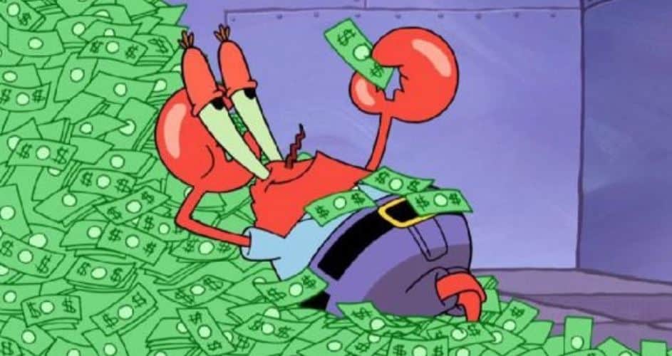 mr krabs étendu dans l'argent, comme les entreprises