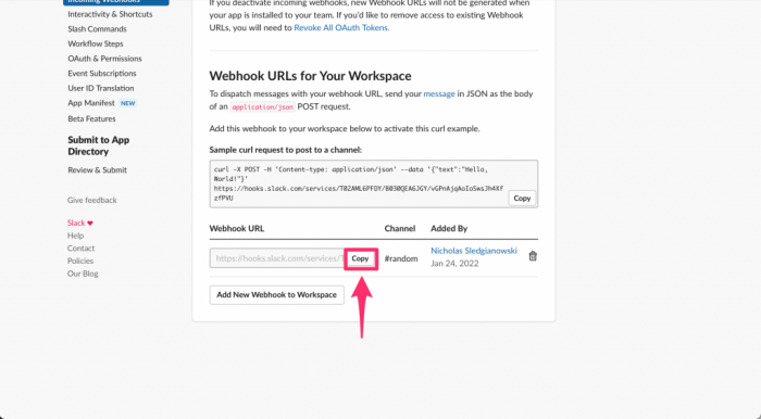 copy webhook URL